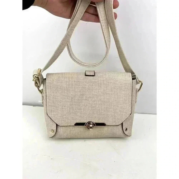 Beige Shoulder Bag Gold Round Handle Crossbody Purse - Handbag Gold Hardware - Picture 2 of 13